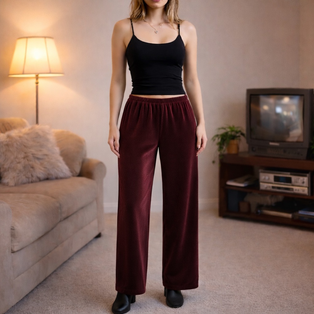 Believe Burgundy Velour Straight Leg Pants Y2K Lounge Size 8 - Picture 1 of 16